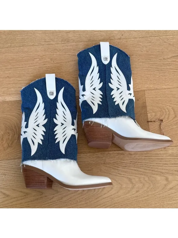 Guess White and Blue Denim Western Cowboy Boots - Image 2