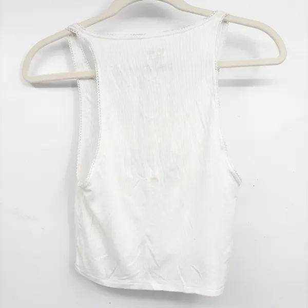 Boys Lie Womens White Blue Cherub Graphic Ribbed Lace Trim Crop Tank Top Size L - Image 5