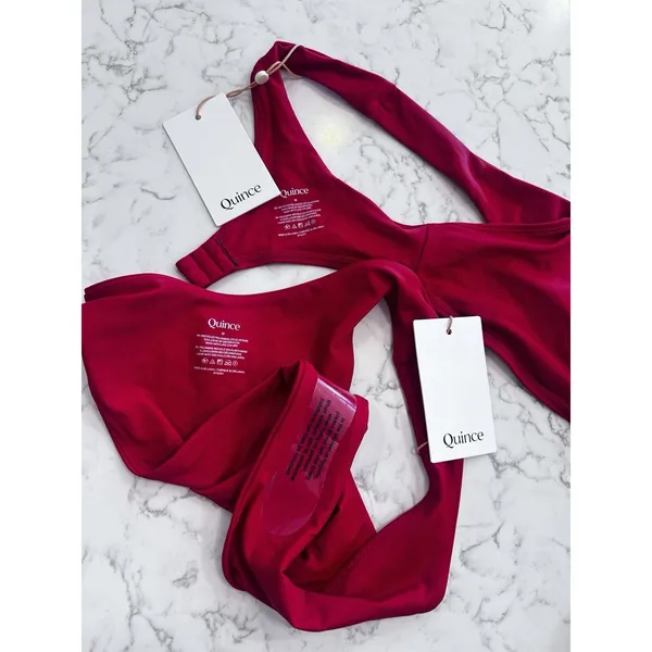 NWT Quince Cherry Red Italian Plunge Bikini Top & High Leg Bottom Set Medium - Image 3