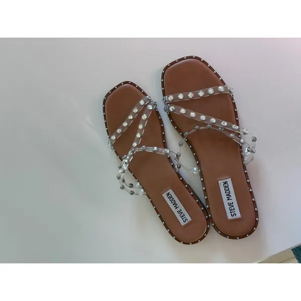Steve Madden Skyler Clear Rhinestone Studded Square Toe Slide Sandals Tan 8 - Image 3