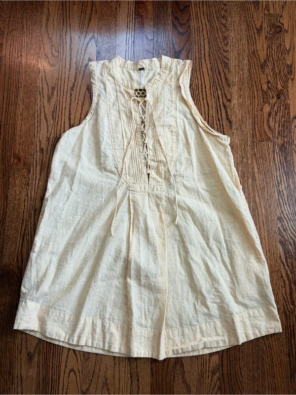 Free People Off Poplin Dress Saffron Combo Linen Blend Lace Up Mini Dress M - Image 5