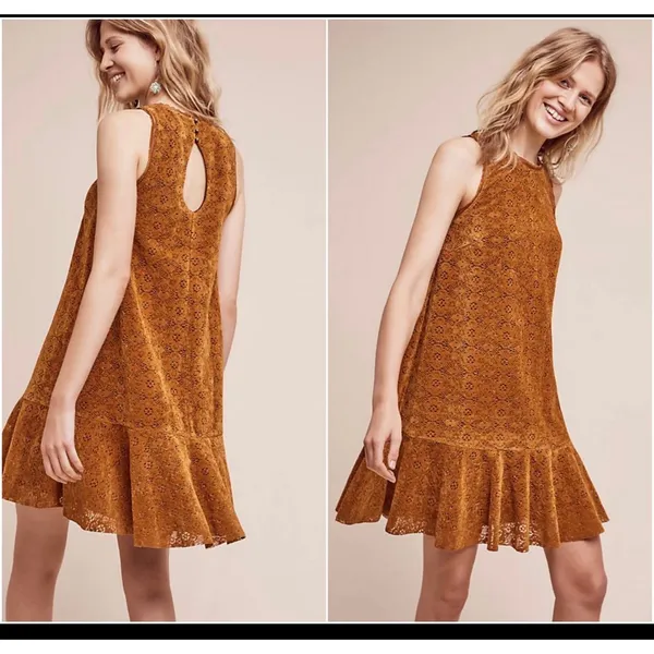 Anthropologie Maeve Amis Dress 4 Burnt Orange Floral Lace Ruffle Hem Lined - Image 2