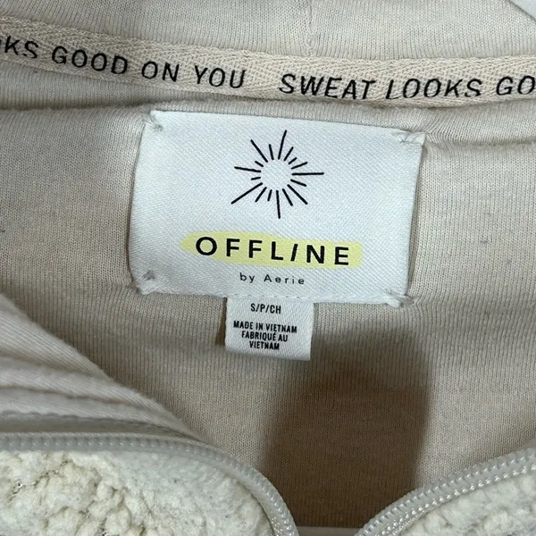 Aerie Offline Sherpa Teddy Jacket Oatmeal Cream Cropped Hoodie Small - Image 15