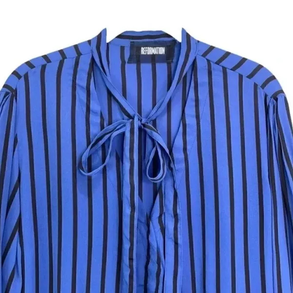Reformation Eldridge blue stripe tie neck blouse S - Image 5