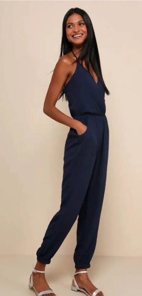 NWT Lulus Learning to Fly Navy Halter Jumpsuit Small Flawed - Image 3