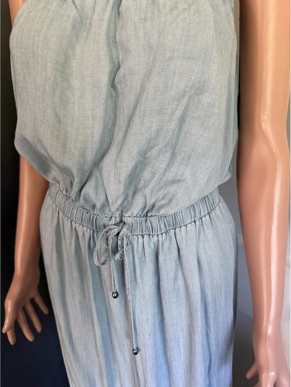Light Blue Chambray Strapless Maxi Dress with Elastic Waist - Image 4