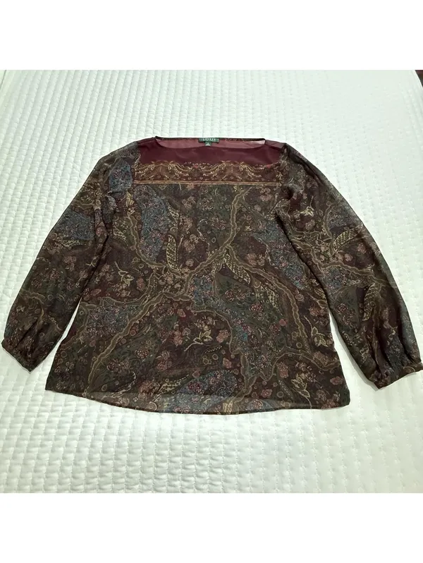Lauren Ralph Lauren Burgundy Paisley Floral Sheer Blouse Top XL Extra Large - Image 2