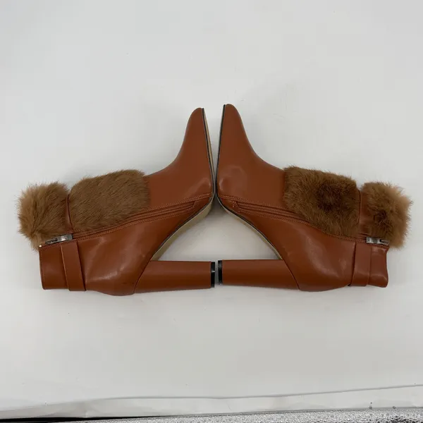 Fur Cuff‎ Pointed Toe Heeled Ankle Boots Womens EU 41 Brown Buckle Faux Leather - Image 4