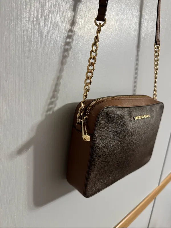 Michael Kors Brown MK Monogram Crossbody with Gold Chain - Image 4