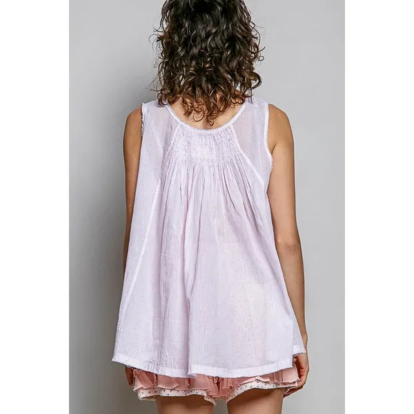 POL Round Neck Sleeveless Striped Pleated Cotton Top -‎ Pink - Small - Image 3
