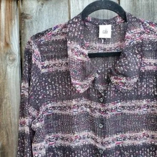 Cabi Large Semi Sheer Button Front Blouse Black Abstract Print Long Sleeve Top - Image 7