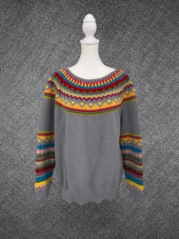Women’s XL Gray Multicolor Fair Isle Knit Pullover Sweater - Image 2