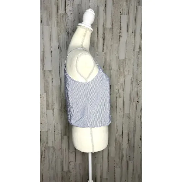 Brandy Melville Women's OSFM Blue/White Striped Wrap Cropped‎ Tank Top - Image 2