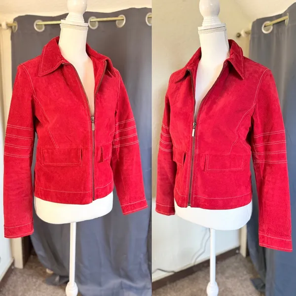 Olly London Moto Suede Zip Front Jacket Women Small Red - Image 6
