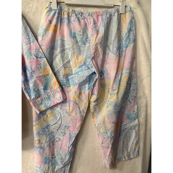 Lauren Ralph Lauren Pajama Set Womens Medium Pink Paisley Cotton 3/4 Sleeve Crop - Image 14