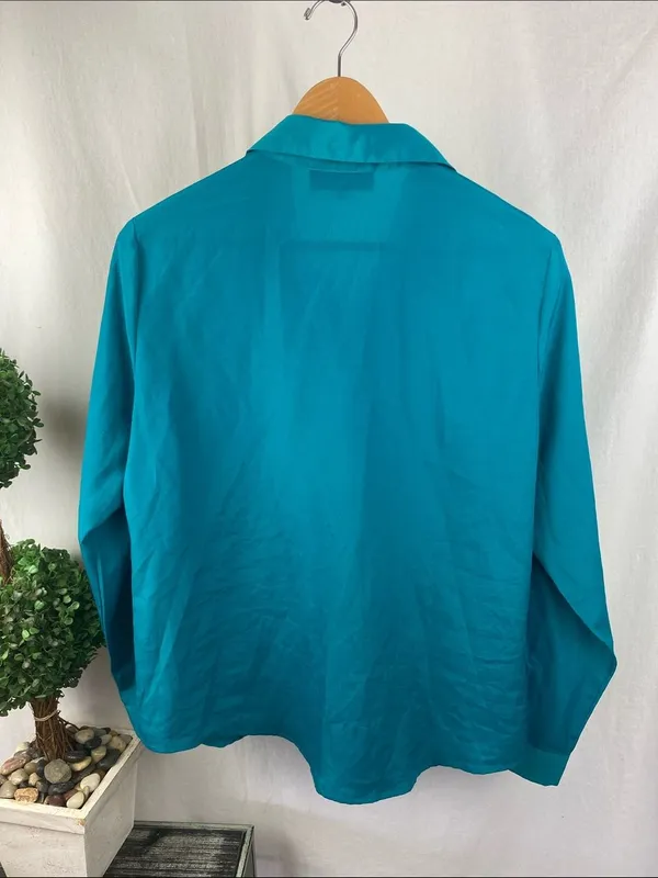 Jones New York Collection Teal Blue Long Sleeve Button Up Top Blouse 12 - Image 3
