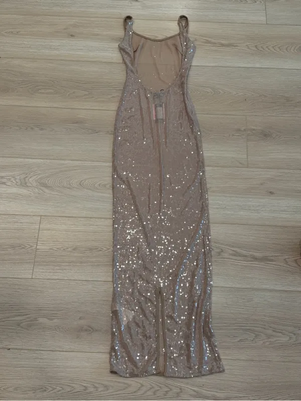Pretty Little Thing KHAKI SEQUIN SHEER BOAT NECK MAXI DRESS - Image 4