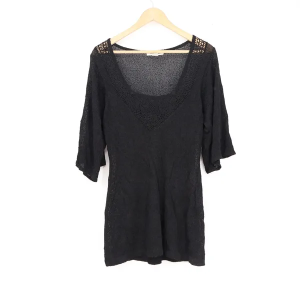 White House Black Market Black Crochet Lace Knit Tunic Top Elbow Sleeve Medium - Image 2
