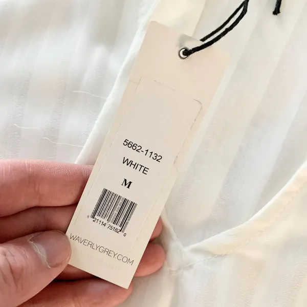 Waverly‎ Grey Tie Neck Ruffle Blouse Womens Size M White Smocked Sleeve Striped - Image 7
