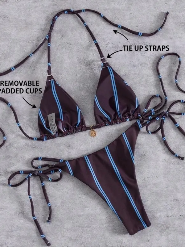SheIn Classic Triangle String Bikini in Dark Brown with Blue Stripes - Image 2