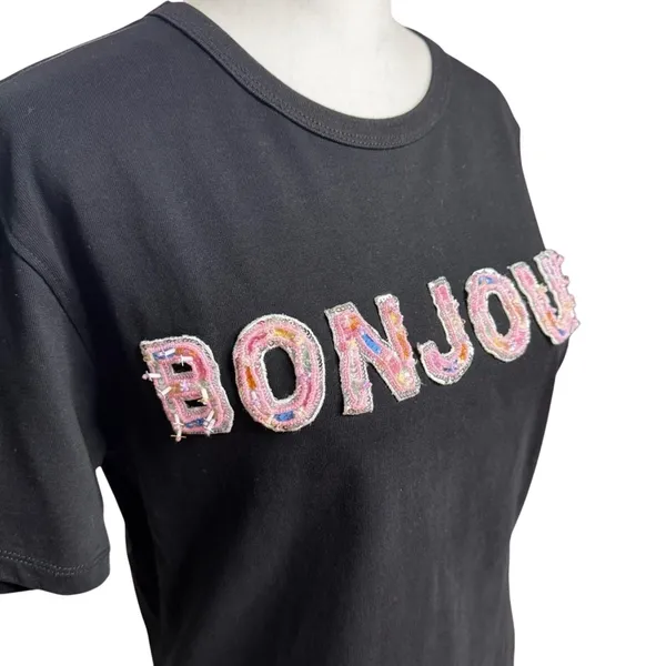 Endless Rose Bonjour Beaded Sequin Tee Textured Black Pink Small - Image 5