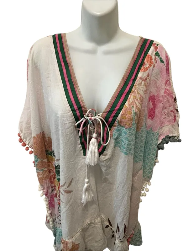 NWT Z&L EUROPE Boho Floral Pom Pom Kimono Swim Coverup/Top OS Floral Cottagecore - Image 3