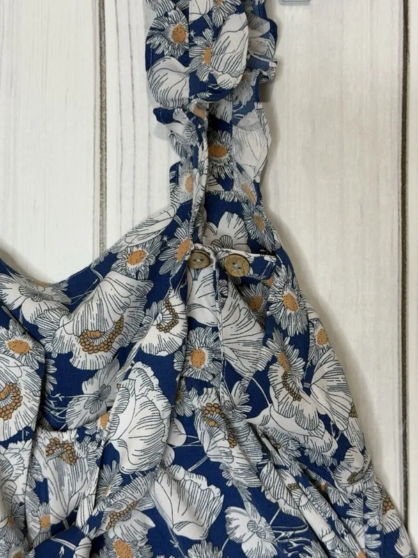 KORI Floral Maxi Jumpsuit Blue White Sleeveless Sz L Ruffle Straps Back Sash Tie - Image 7