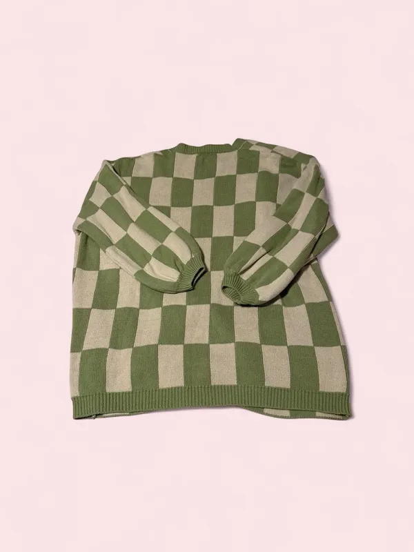 Le Lis Olive Green and Beige Checker Knit Cardigan - Image 2