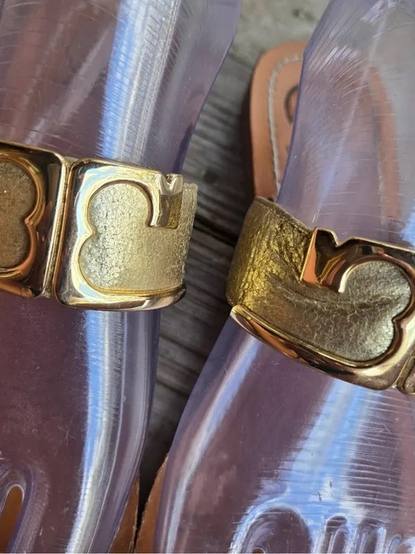 Tory Burch Marcia Gold Metallic Toe Ring Logo Vamp Slide On Sandal Size 8 - Image 7