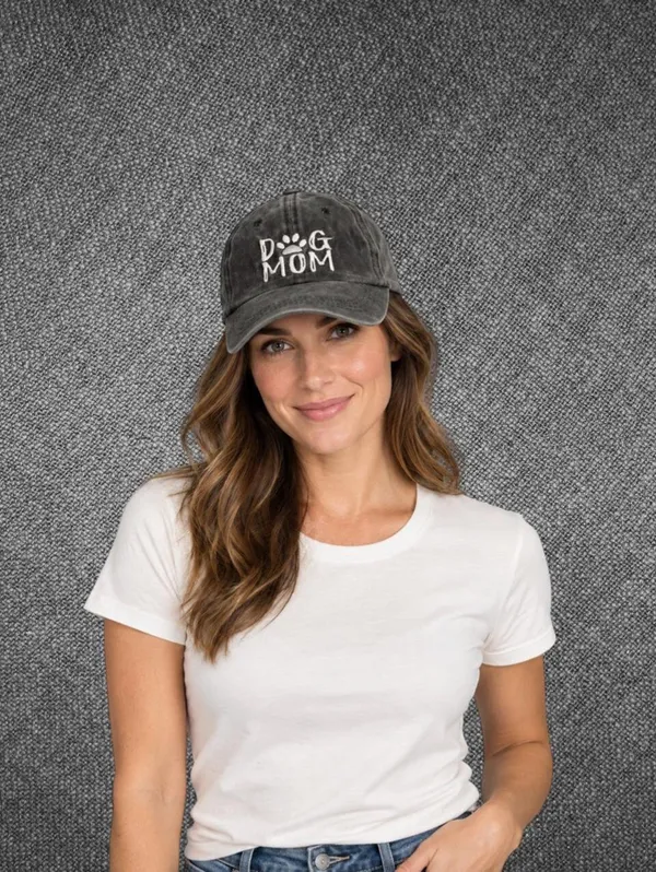 Dog Mom Distressed Black Cotton Baseball Cap - Image 2