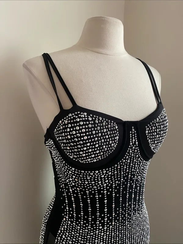 Rhinestone Stretch Black Sheer Midi Dress Built in Bodysuit Womens Sz Large - Image 3