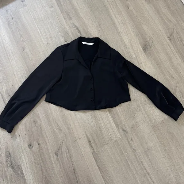 ZARA Cropped Satin Long Sleeve Button Down - Image 3