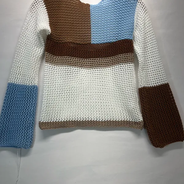 Colorblock Crochet Crop Top Sweater Women S Multicolor Square Neck‎ Boho Sheer - Image 2