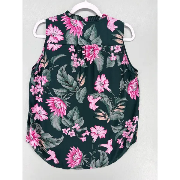 Ann Taylor Blouse Womens Medium Green‎ Pink Floral Ruffle Neck Sleeveless Shell - Image 2