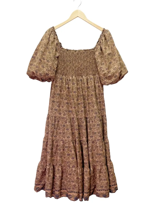 A Loves A Brown Floral Smocked Puff Sleeve Tiered Midi Dress Large Cottagecore - Image 2