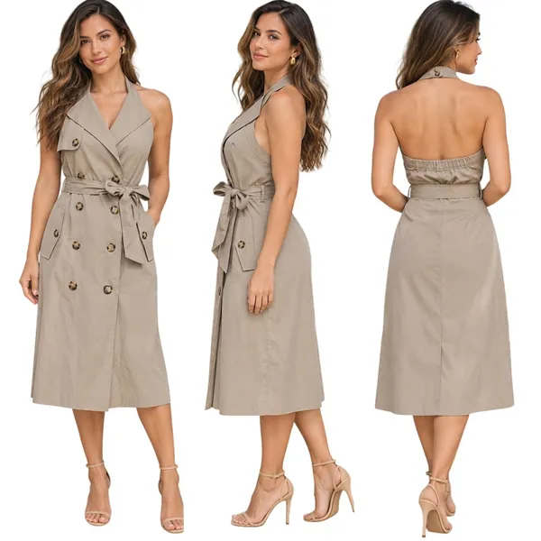 Ann Taylor NWT Khaki Trench Halter Dress Double Breasted Midi Tan Size 10 - Image 2