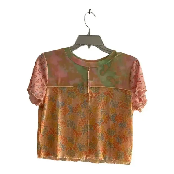BP Nordstrom Patchwork Crop Top Short Sleeve Ruffle Hem NWT Size L Pink - Image 2