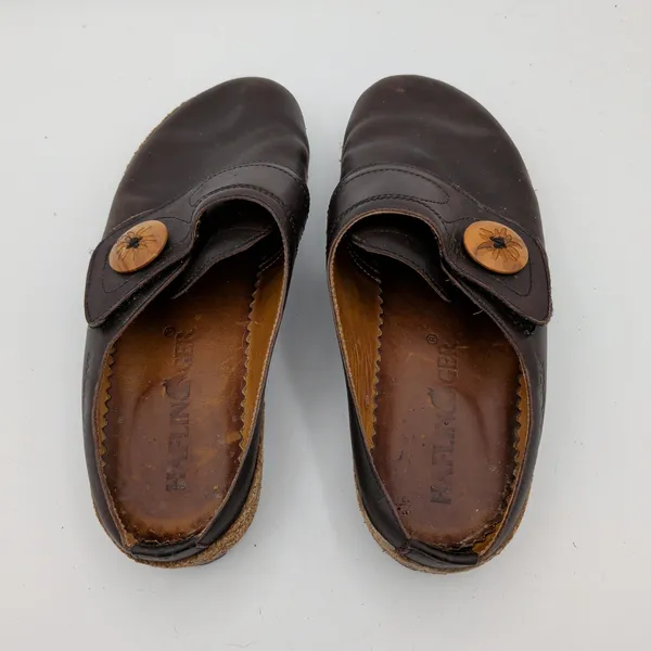 Haflinger Charlotte Brown Leather Cork Clog Mules Wood Button Womens 37 US 6-6.5 - Image 6
