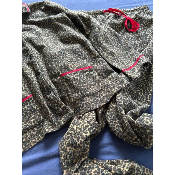 Anne Klein Womens Leopard Print Fleece Pajama Set Large Brown Red Trim L 14-16 - Image 14