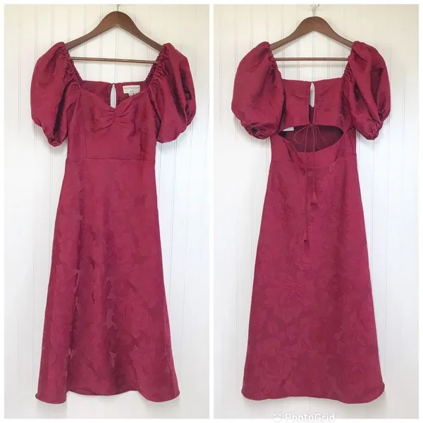 SACHIN & BABI‎ Dress Size 0 Cherry Red Gabby Puff Sleeve Midi Open Tie Back New - Image 3