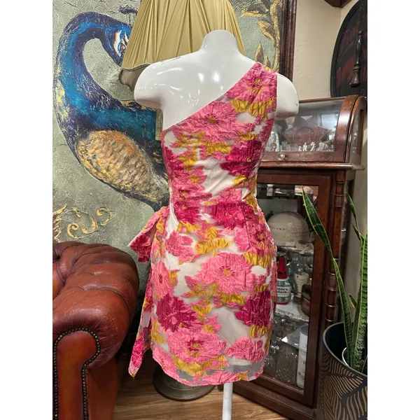 Showpo Brailey Dress One Shoulder Pink Gold Floral Jacquard Wrap Mini US 0 - Image 5