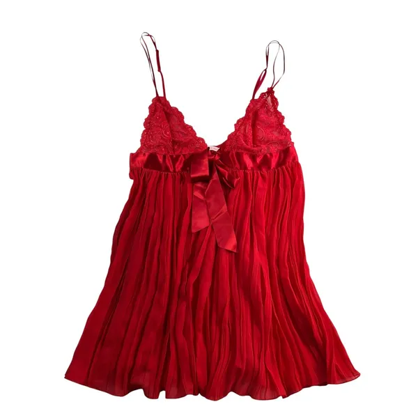 Victoria's Secret Babydoll L Large Cami Top Lace Pleated Lingerie‎ Satin Bow Red - Image 2