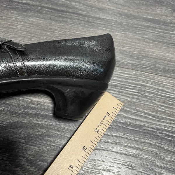 Naot Metallic Pewter Leather Double Strap Mary Jane Rhinestone Buckle Heels 38 7 - Image 10