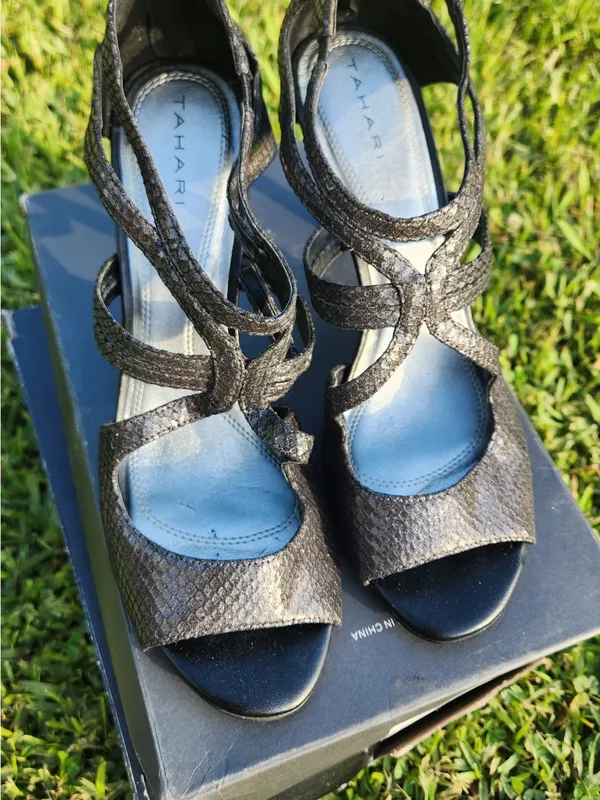 Tahari Metallic Pewter Open-Toe Strappy Heels - Image 2