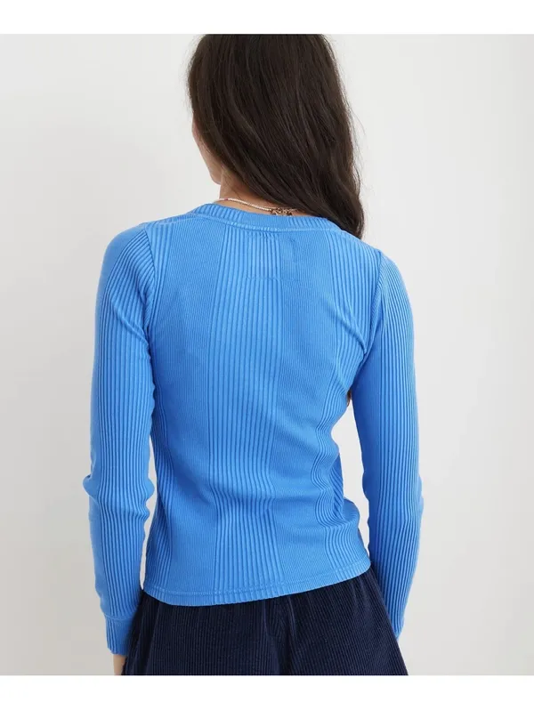 Aerie Road Trip Henley - Blue Ribbed Long Sleeve Button Up Top - Size M - Image 3