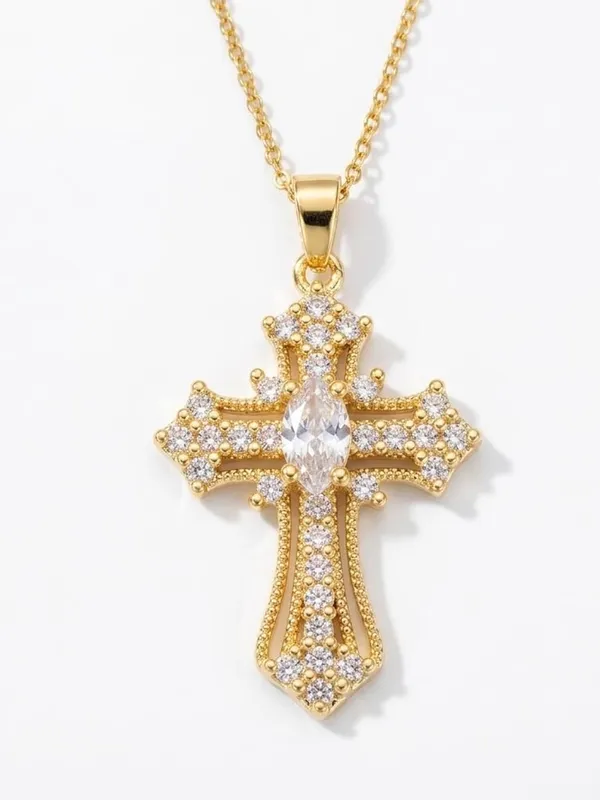 Gold Tone Cubic Zirconia Cross Charm Pendant Cable Chain Necklace 16" + 2" - Image 5