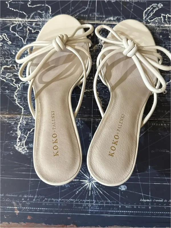 KOKO + Palenki “Barely Ice” Leather String Bow Slide Heels – Nude/Ice – Size 8 - Image 8