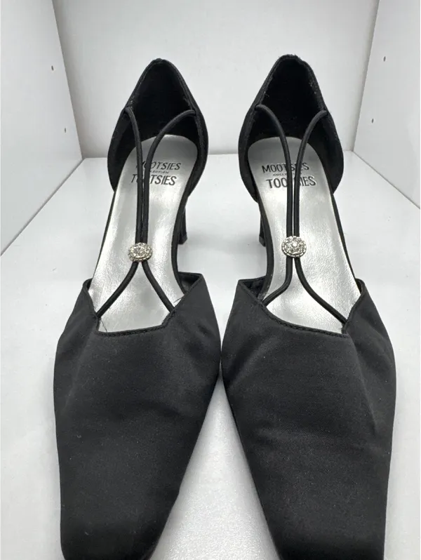 Mootsies Tootsies Black Satin T-Strap Heels with Rhinestone - Image 2