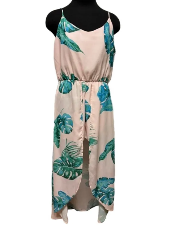 Pink Lily Boutique Pink & Green Palm Maxi Romper with Train Size L (19” PTP) - Image 2