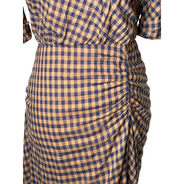 MINE Gingham Midi Dress Women Small Orange Blue Ruched Puff Sleeve Preppy Retro - Image 8